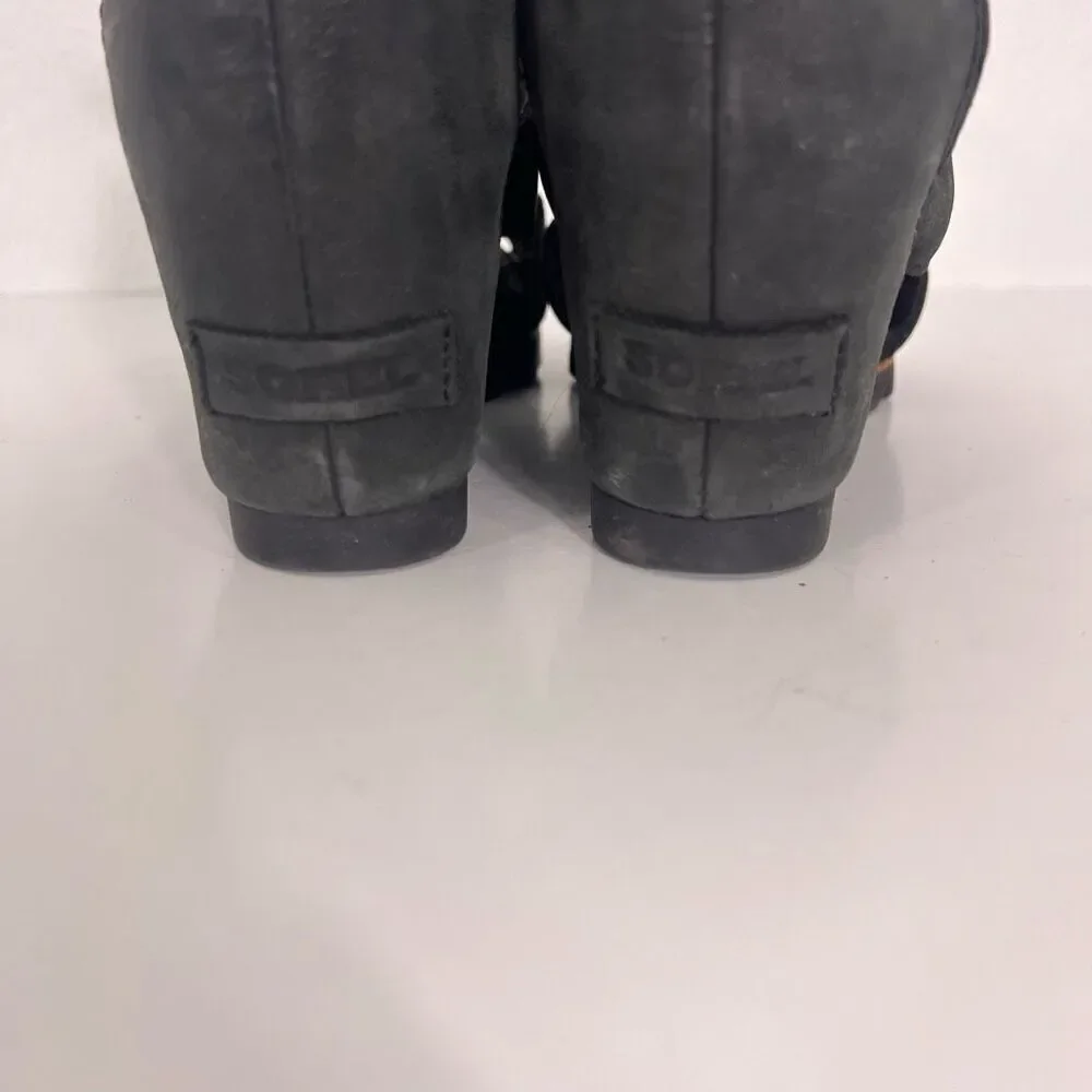 Sorel Black Leather Cutout Detail Lace Up Wedge‎ Sandals Women’s 7.5